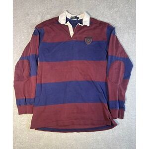 Polo Ralph Lauren Rugby Shirt Burgundy Blue Stripe Elbow Patches XL Made in USA